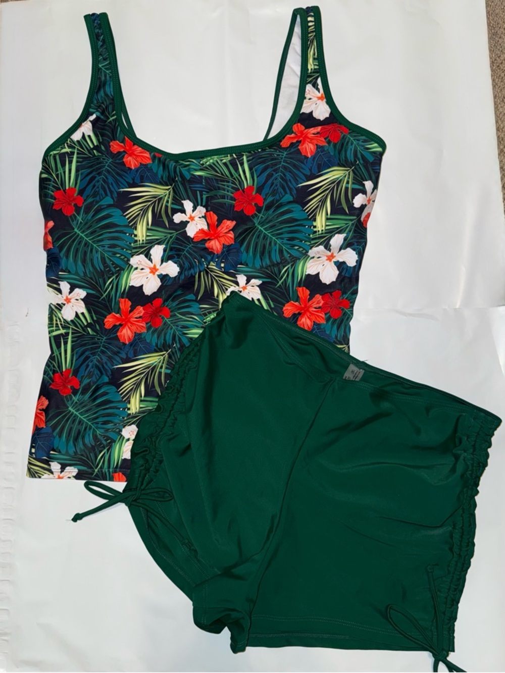 Tropical Floral Tankini Set in Green with Red & White Blossoms